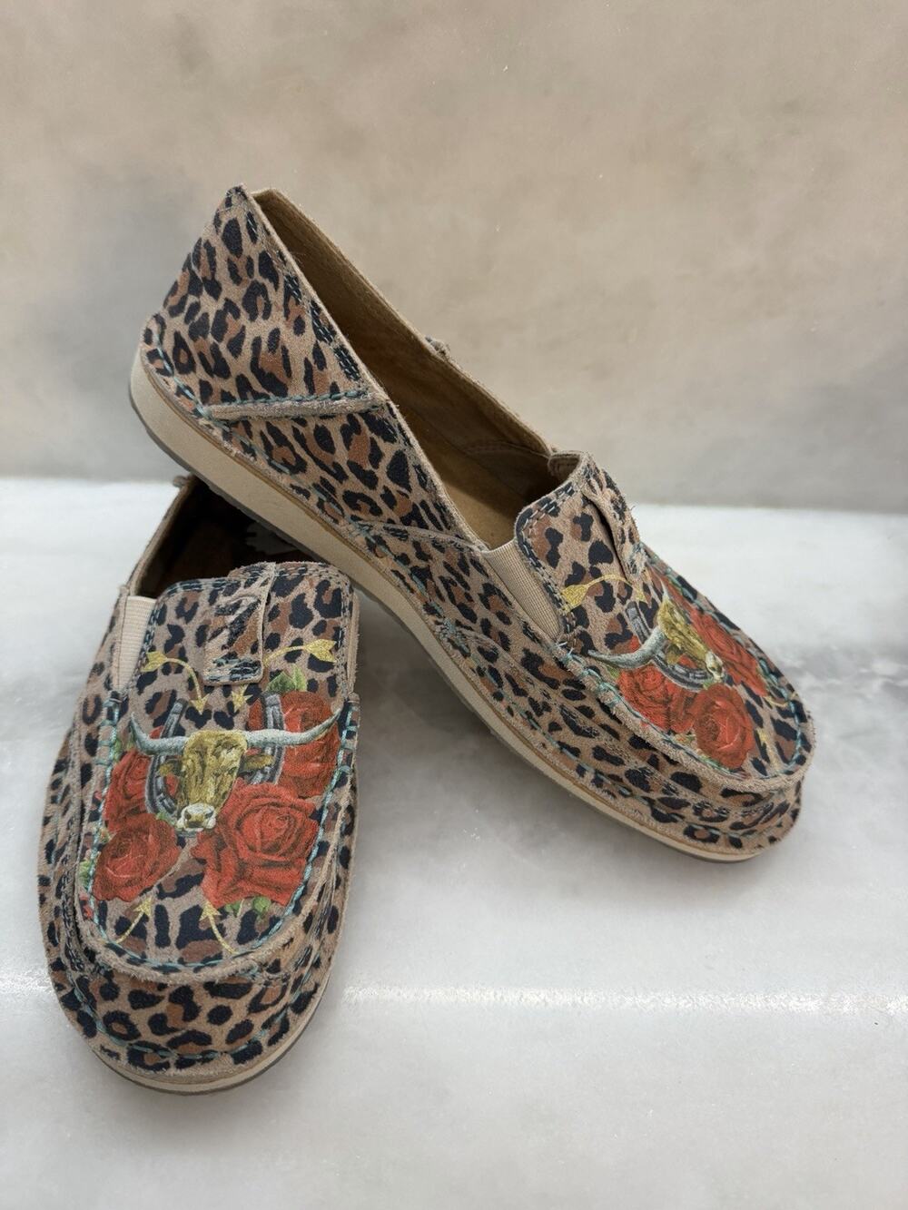 Ariat Rodeo Quincy Cruiser Shoes 9B Leopard Rose Steer Western Slip On Cowgirl